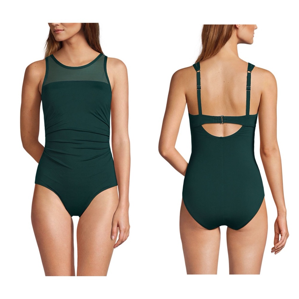 Lands end Smoothing Control Mesh High Neck One Piece Swimsuit 14 long